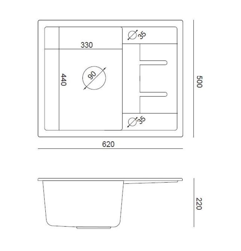 Quadri Dalton grey granite Inset Kitchen Sink with draining board reversible 62x50cm with stainless steel plug 1208967492