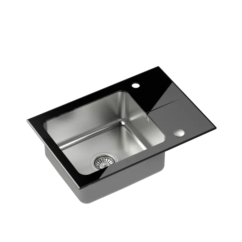 Quadri Glazz Set with Kitchentap and inset stainless steel sink with black glass drainer 64x44cm reversible 1208967493