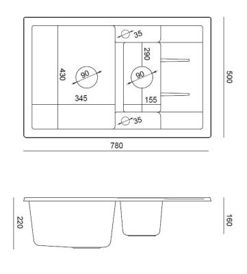 Quadri Brenton anthracite granite inset 1.5 kitchen sink with draining board 78x50cm with golden plug 1208967557