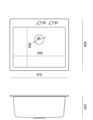 Quadri Sheffield Gray Granite Top-Mount or Flush-Mount Sink 57x50 cm with Tap Hole Bench and Gold Plug - 1208967582