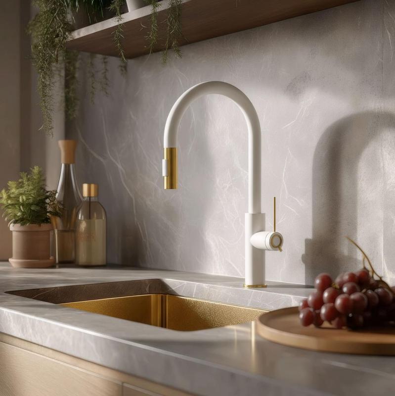 Quadri Retford Kitchen Mixer Tap White with Gold Finish and Pull-Out Spout with Spray Mode 1208967674