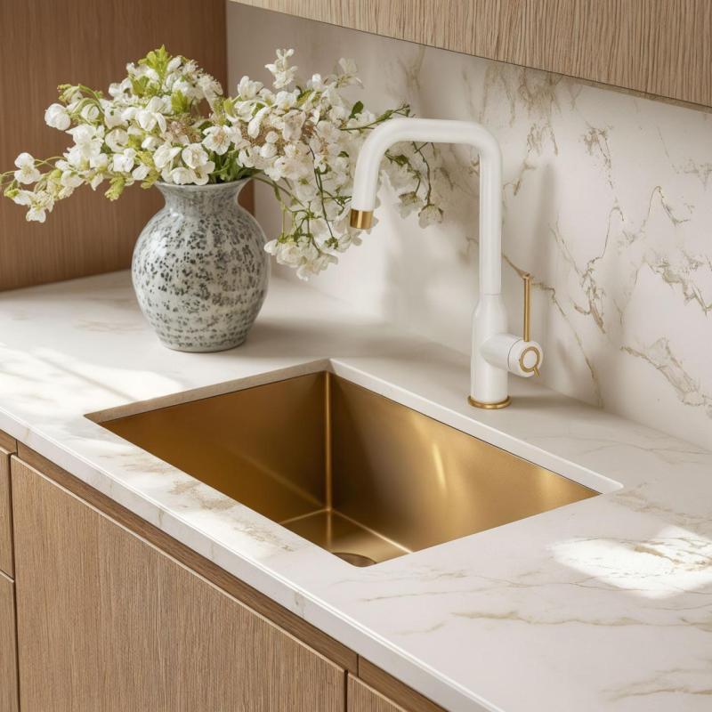 Quadri Stamford Kitchen Faucet White with PVD Gold Finish with Swivel Angular Spout 1208967697