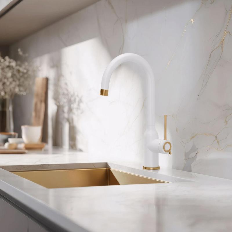 Quadri Stamford Kitchen Mixer Tap White with Copper Finish with Swivel Round Spout 1208967711