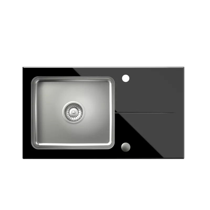 Quadri Glazz Set with Kitchen Faucet and Built-In Stainless Steel Sink with Black Glass Draining Area - 77x44cm Reversible - 1208967734
