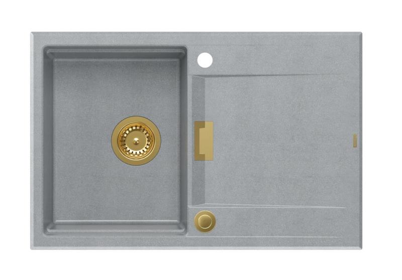 Quadri Minton Granite Top-Mount Grey Sink 76x50cm with Reversible Draining Board and Gold Plug - 1208967742