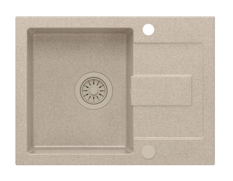 Quadri Sutton Beige Sand Granite Top-Mount Sink 60x45cm with Draining Board, Reversible with Beige Plug - 1208967751
