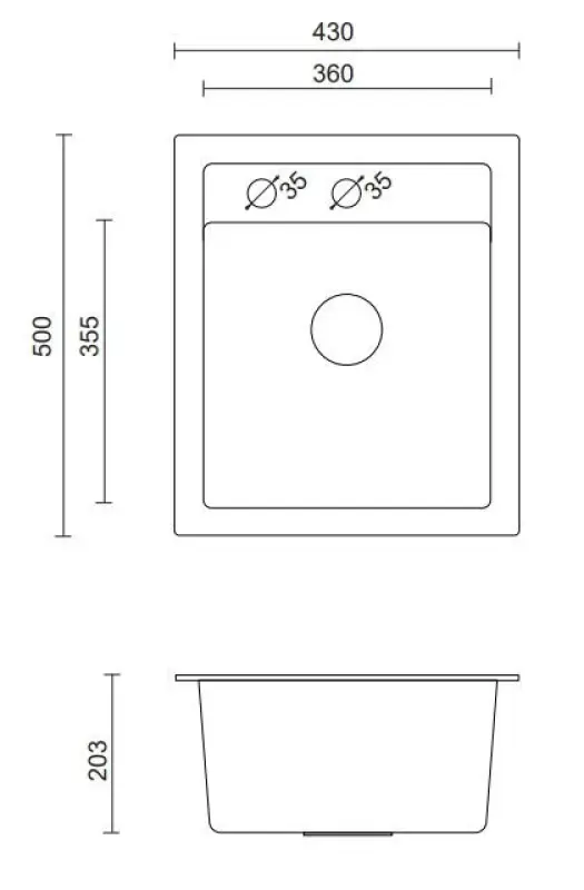 Quadri London Granite Grey Sink 43x50cm with Tap Hole Bench and Stainless Steel Plug - 1208967765