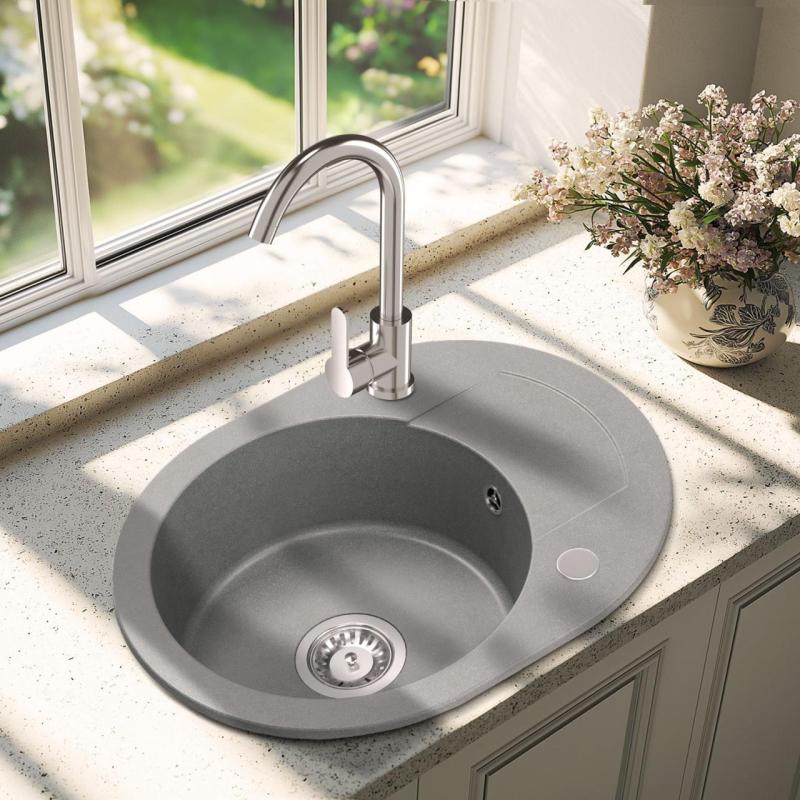 Quadri London Gray Granite Round Sink with Draining Area and Stainless Steel Plug 585x460mm Reversible - 1208967772