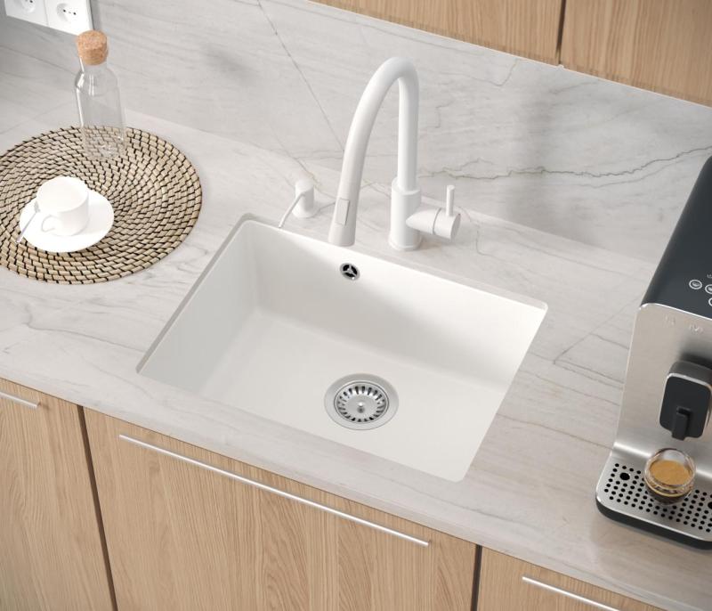 Quadri Elston White Granite Undermount Sink 495x360mm with Stainless Steel Plug 1208967774