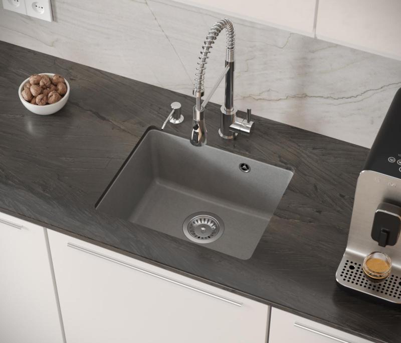 Quadri Elston Grey Granite Undermount Sink 420x335mm with Stainless Steel Plug 1208967775