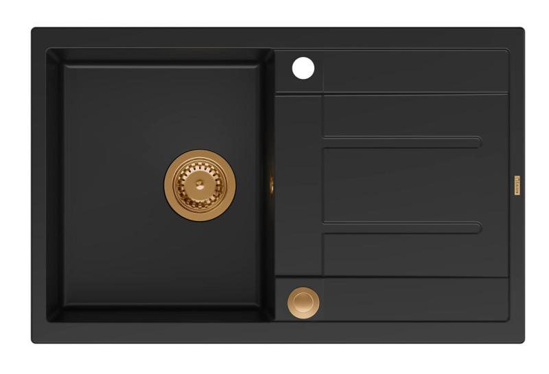 Quadri Sheffield Anthracite Granite Top-Mount Sink 78x50cm with Draining Area and Copper Plug - 1208967797