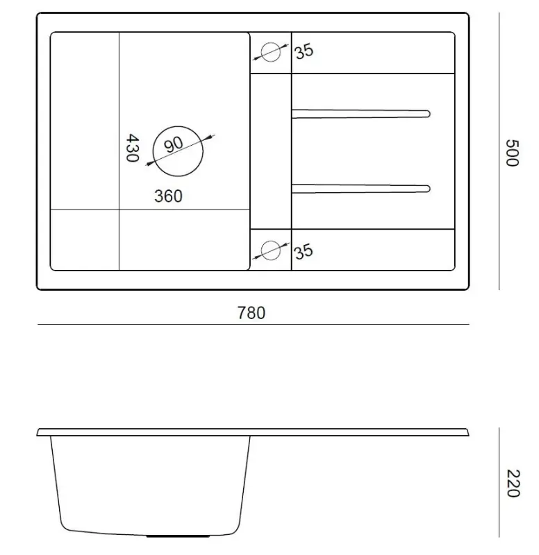 Quadri Sheffield White Granite Top-Mounted Sink 78x50cm with Draining Area and Copper Plug - 1208967803