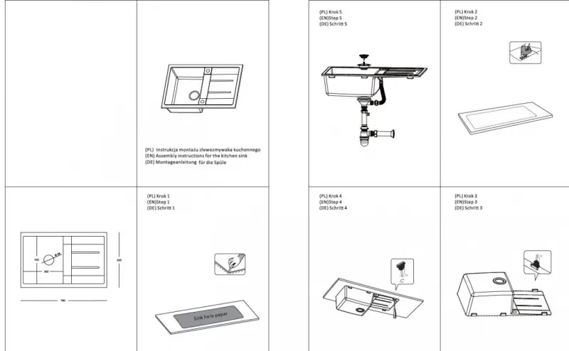 Quadri Sheffield Black Granite Top-Mount Sink 78x50cm with Draining Area and Stainless Steel Plug - 1208967805