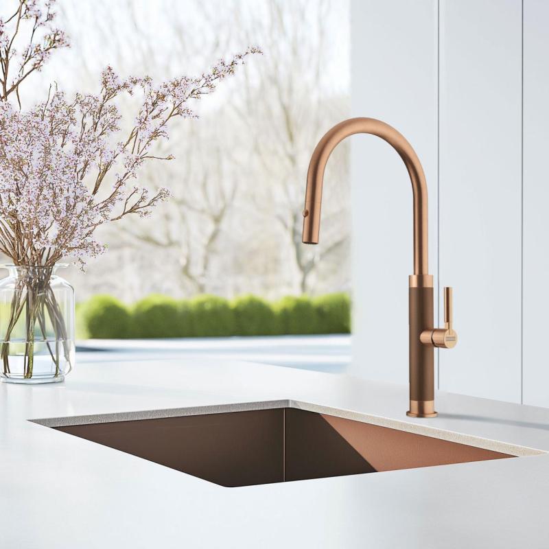 Franke Mythos Masterpiece Kitchen Faucet Copper with J-Spout and Pull-Out Spray - 115.0711.557