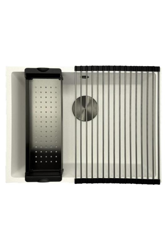 GraniteMy Universal Granite White Sink 55x40 cm for top mount, undermount, and flush mount with gun metal plug - 1208967933