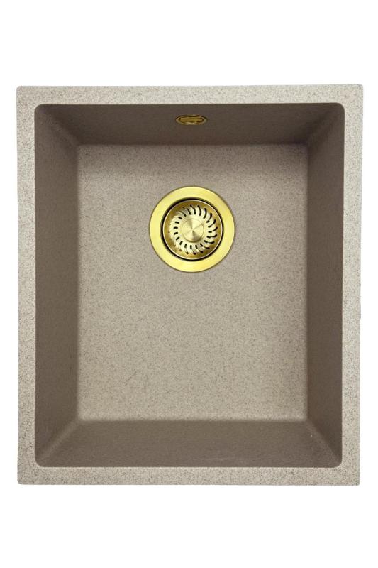 GraniteMy Universal granite beige sand sink 34x40 cm for top-mount, under-mount, and flush-mount installations with a gold plug 1208968008
