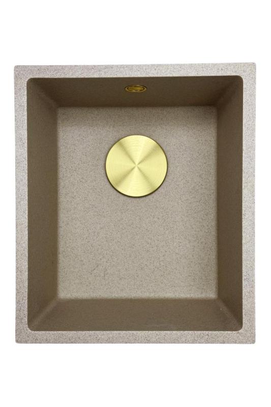 GraniteMy Universal granite beige sand sink 34x40 cm for top-mount, under-mount, and flush-mount installations with a gold plug 1208968008