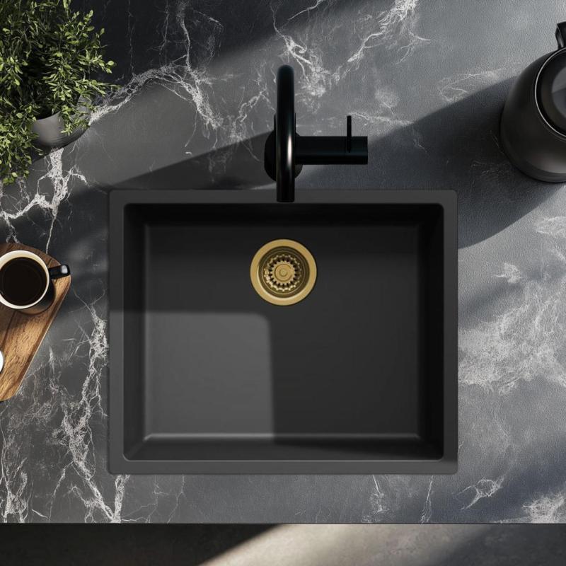 Black sink 50x40cm undermount, countertop, and flush mount with golden drain plug 1208968037