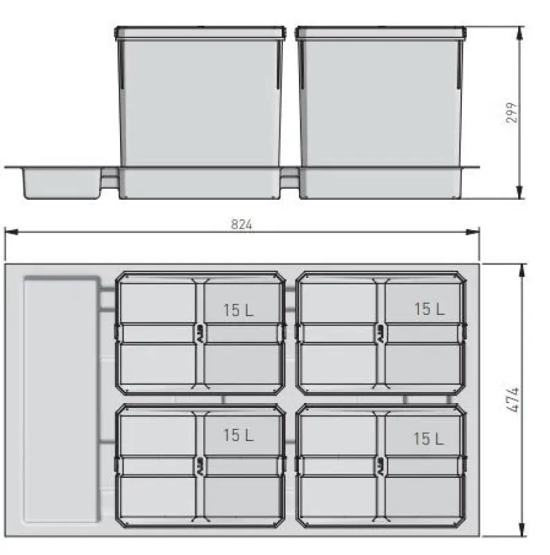 Garbi Basket B-90-T-4 Waste Sorting System for 90cm Drawer - Includes Holder and 4 x 15 Liter Waste Bins 1208969545