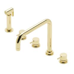 Waterevolution Flow 5-hole angled kitchen mixer tap with pull-out spray and filtered water connection light gold T154HWGE