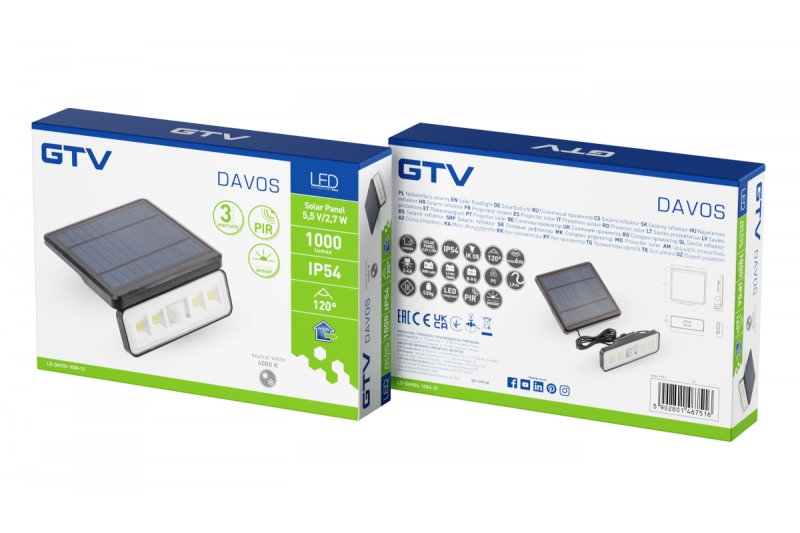 Solar luminaire with motion and dusk sensor DAVOS, LED, 1000lm, 4000K, 2000mAh, IP54, black