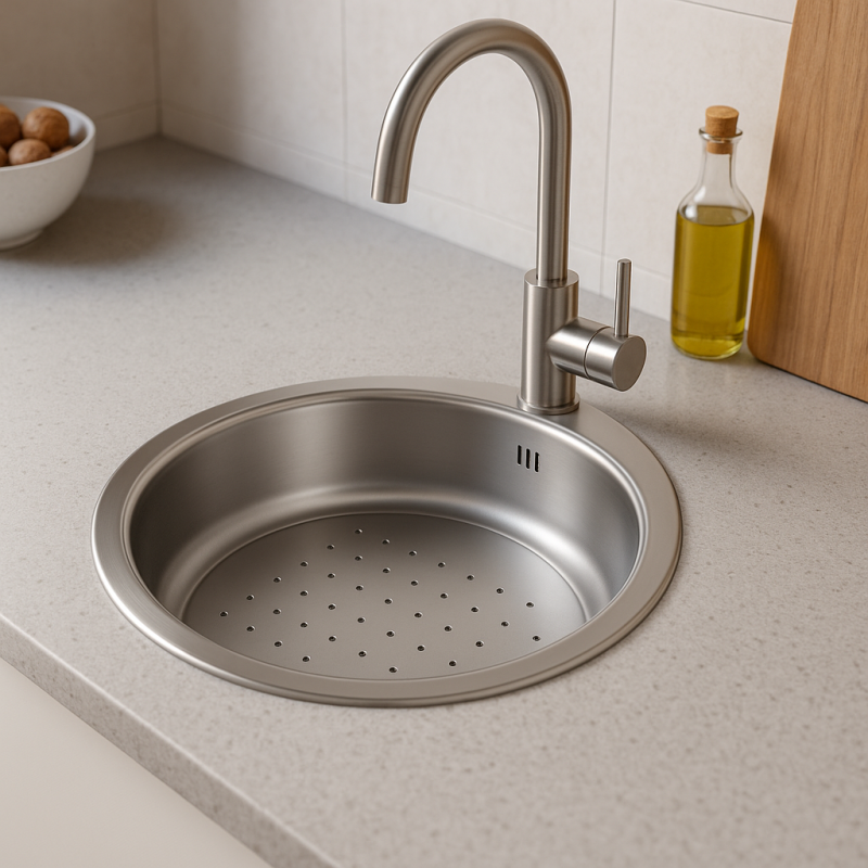 Banka P18380 Stainless Steel Round Shallow Sink with Drainboard 45 cm Surface Mount and Under Mount 1208970057