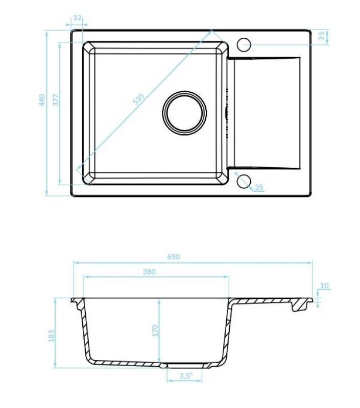 Aquadesign Kensley Set - Granite Countertop Sink Grey with Small Draining Area and Kitchen Faucet, 65 x 44 cm 1208970086