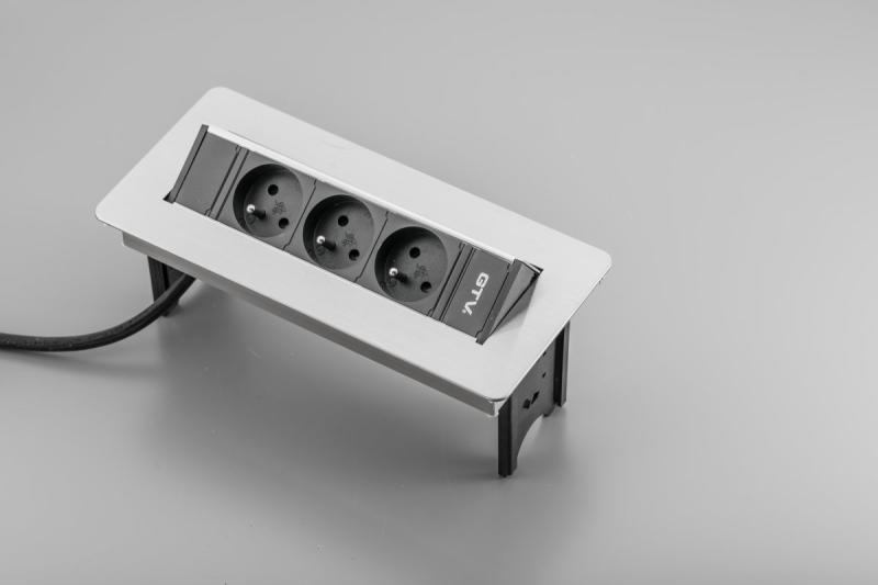 Desktop extension cord without cassette 3x socket with grounding cable 1.5m power supply with plug, inox