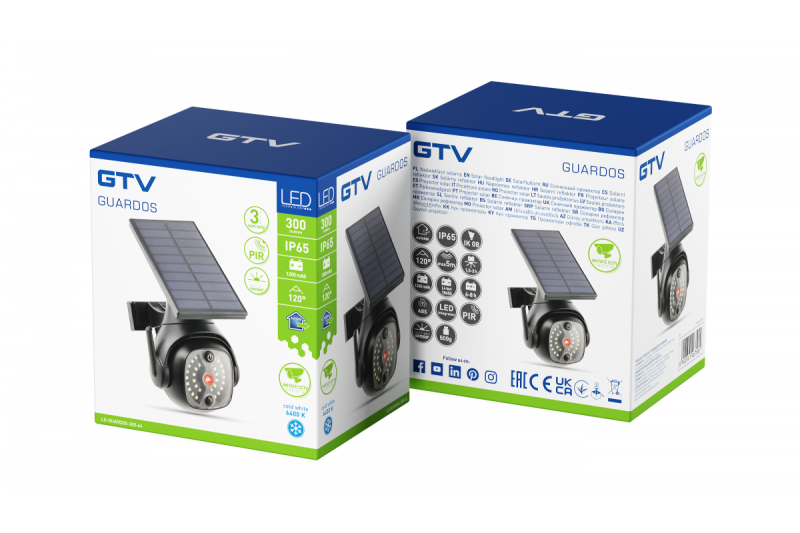 Solar floodlight with motion and dusk sensor GUARDOS, LED, 300lm, 6400K, 1200mAh, IP65, dummy camera