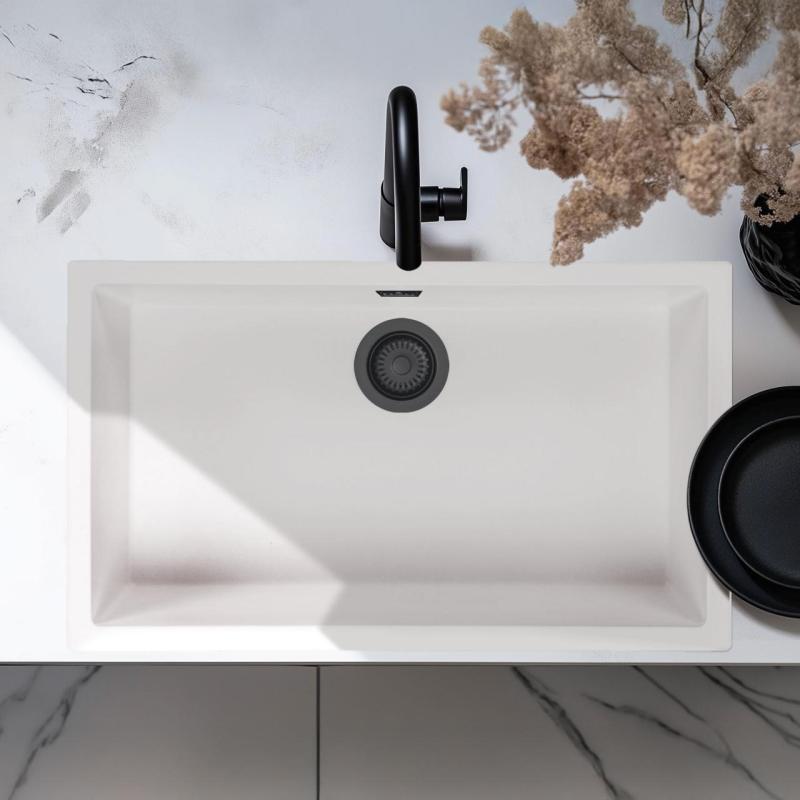 White Large Sink 70x40 cm Undermount, Topmount and Flushmount with Matte Black Plug 1208970519