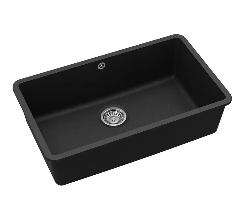 AquaGranite Modulo R19 large granite black sink 76x43 cm undermount and top mount with stainless steel plug 1208970688