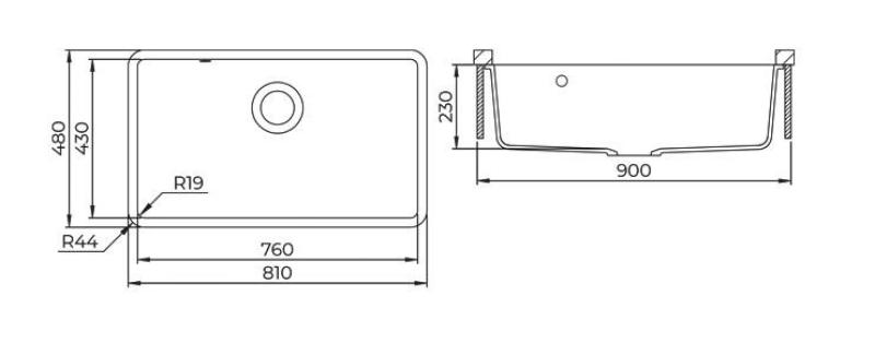 AquaGranite Modulo R19 large granite black sink 76x43 cm undermount and top mount with stainless steel plug 1208970688