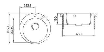 AquaGranite Lago White Granite Round Countertop Sink 505mm with Stainless Steel Plug and 1 Faucet Hole 1208970689