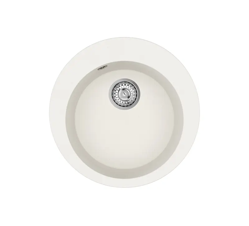 AquaGranite Lago White Granite Round Countertop Sink 505mm with Stainless Steel Plug and 1 Faucet Hole 1208970689