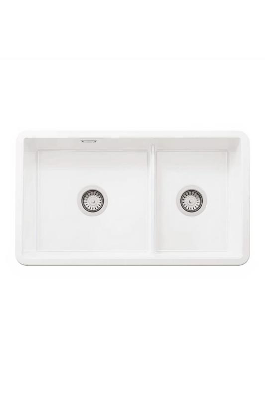 Ausmann Ceramic Ember Ceramic White One and a Half Bowl Sink Top Mount and Undermount 733 x 401 mm with Stainless Steel Plugs 1208970737