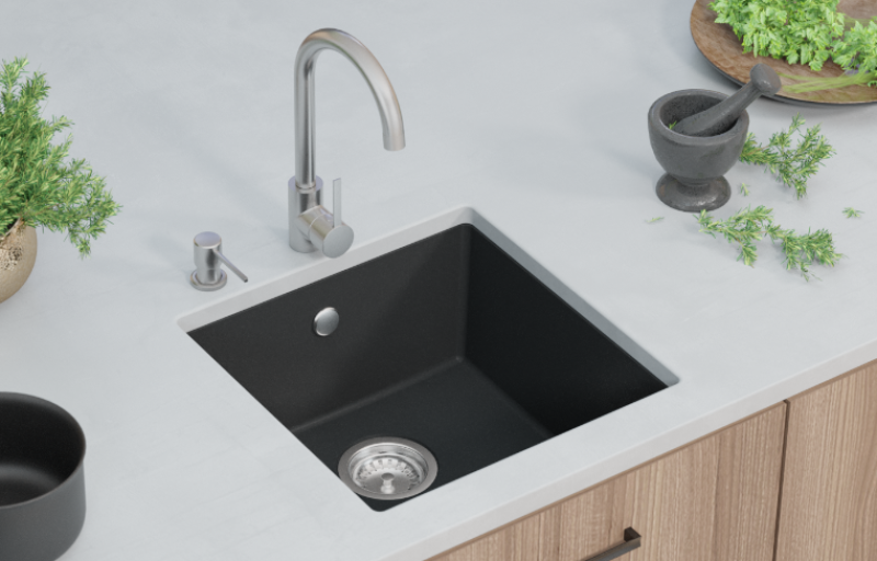 GraniteMy Universal Granite Grey, dark Sink 40x40 cm Top Mount, Undermount and Flush Mount with Gun Metal Plug 1208970746