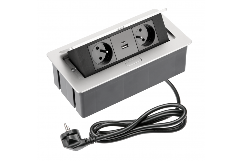 SOFT furniture socket 2x socket with grounding, USB A+C, power cable with plug, alu