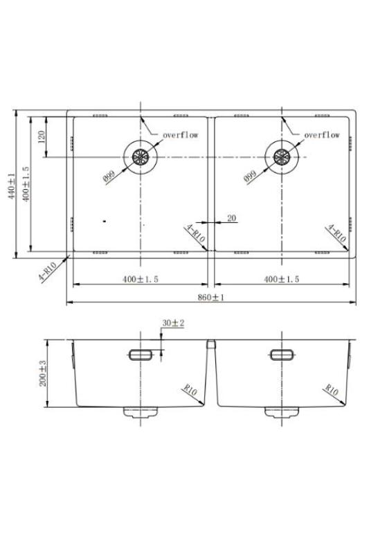 Pure.Sink Prestige Double Golden sink 82x40 cm 10mm radius undermount, flush mount and top mount PPG404040-60