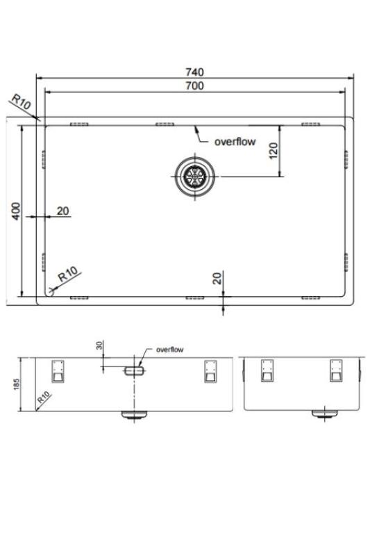 Pure.Sink Exclusivo large stainless steel sink 70x40 cm 10mm radius undermount, flush mount and top mount PEX7040-02