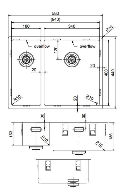 Pure.Sink Exclusivo Gun Metal 1.5 one and a half bowl sink 18+34 cm 10mm radius PEX183440-61