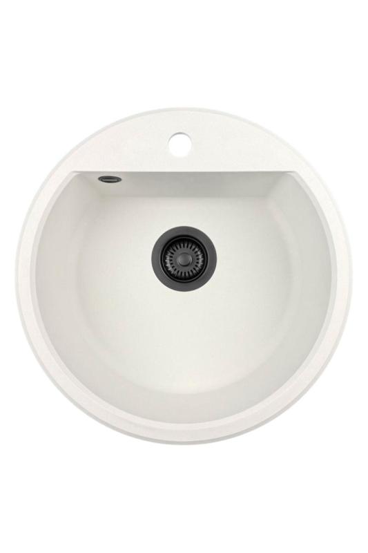 GraniteMy Bremen round granite sink 43 cm white top mount and undermount with faucet hole bench with black plug 1208971312