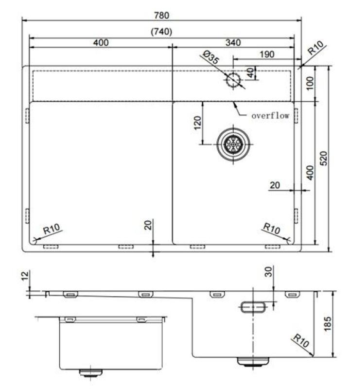 Pure.Sink Exclusivo Gun Metal small sink with draining area 78x52 cm Tapwing right PEX3478RT-61