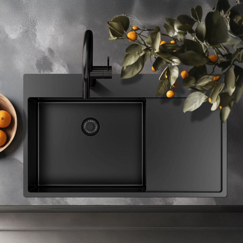 Pure.Sink Exclusivo Gun Metal sink with draining area 86x52 cm Tapwing right PEX5086RT-61