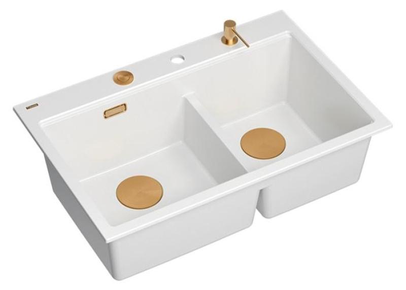 Quadri Hard Rock Double White Granite Built-in Sink 76 x 50 cm with Copper Plug and Accessories 1208971357