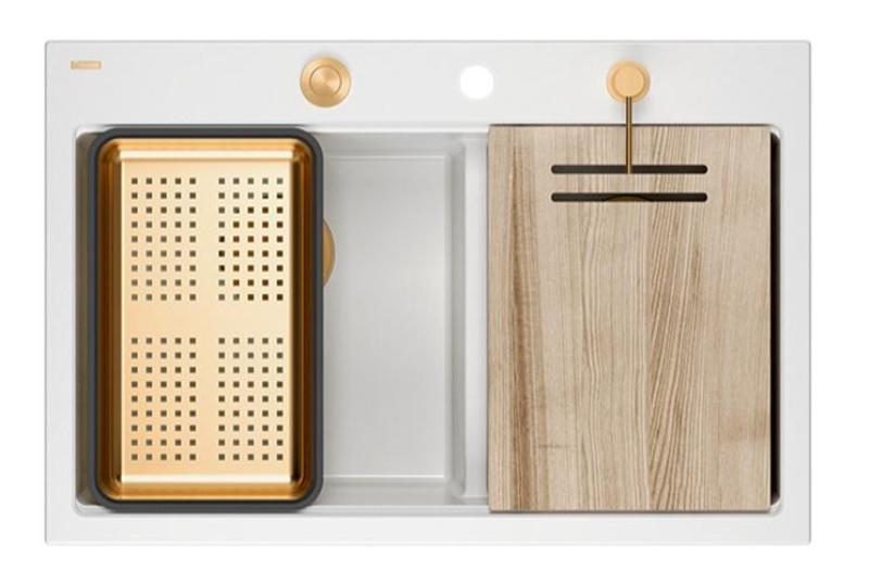 Quadri Hard Rock Double White Granite Built-in Sink 76 x 50 cm with Copper Plug and Accessories 1208971357