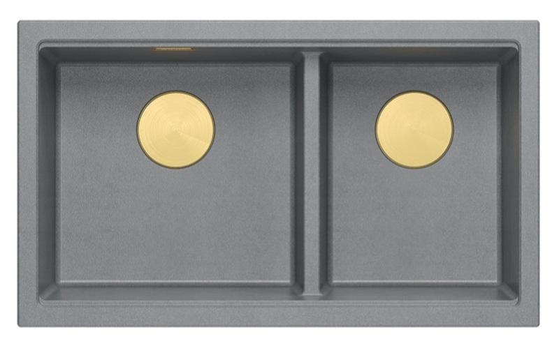 Quadri Newport II Double Gray Granite Built-in Sink 76x45 cm with Golden Plug 1208971365