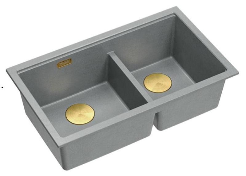 Quadri Newport II Double Gray Granite Built-in Sink 76x45 cm with Golden Plug 1208971365