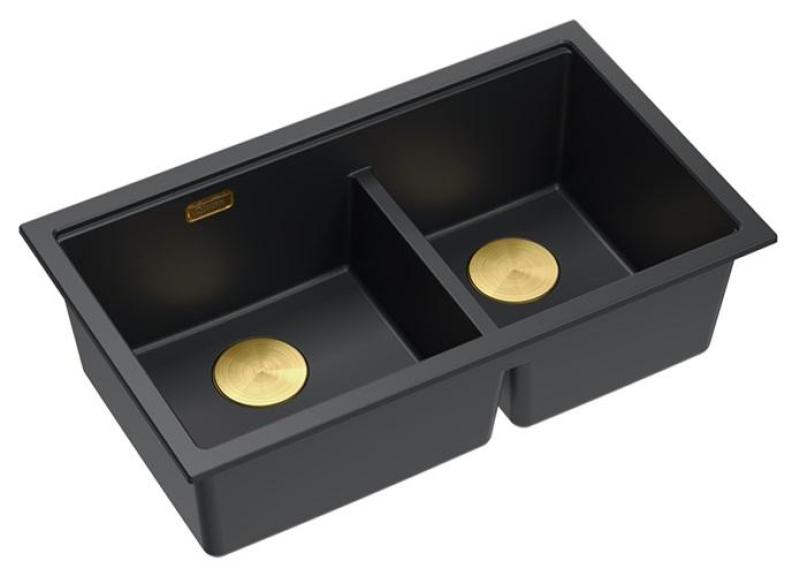 Quadri Newport II Double Black Granite Built-in Sink 76x45 cm with Golden Plug 1208971366