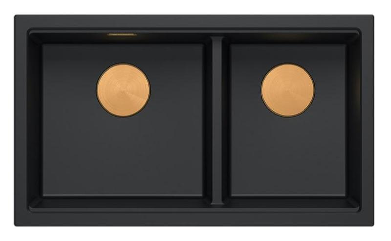 Quadri Newport II Double Black Granite Undermount Sink 702 x 390 mm with Copper Plug 1208971376