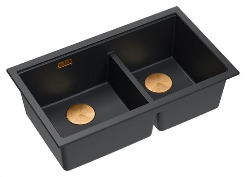 Quadri Newport II Double Black Granite Undermount Sink 702 x 390 mm with Copper Plug 1208971376